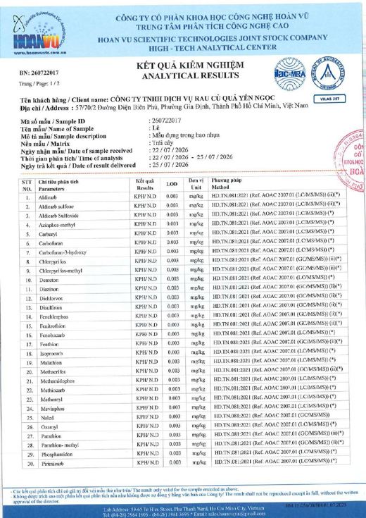 Phiếu kết quả kiểm nghiệm Lê