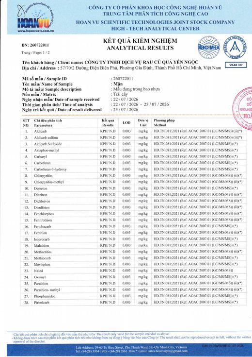 Phiếu kết quả kiểm nghiệm Mận