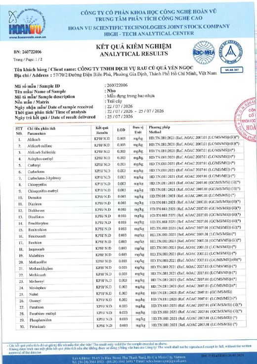 Phiếu kết quả kiểm nghiệm Nho