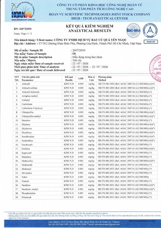 Phiếu kết quả kiểm nghiệm Ổi