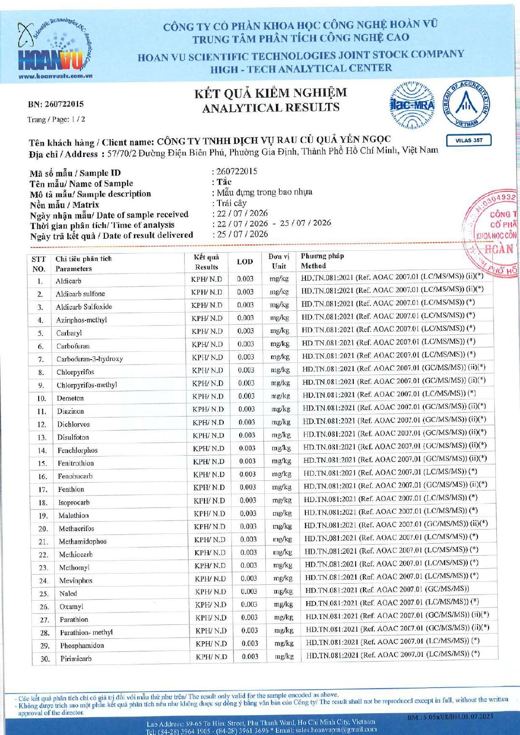 Phiếu kết quả kiểm nghiệm Tắc (quất)