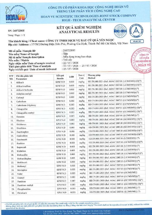 Phiếu kết quả kiểm nghiệm Táo